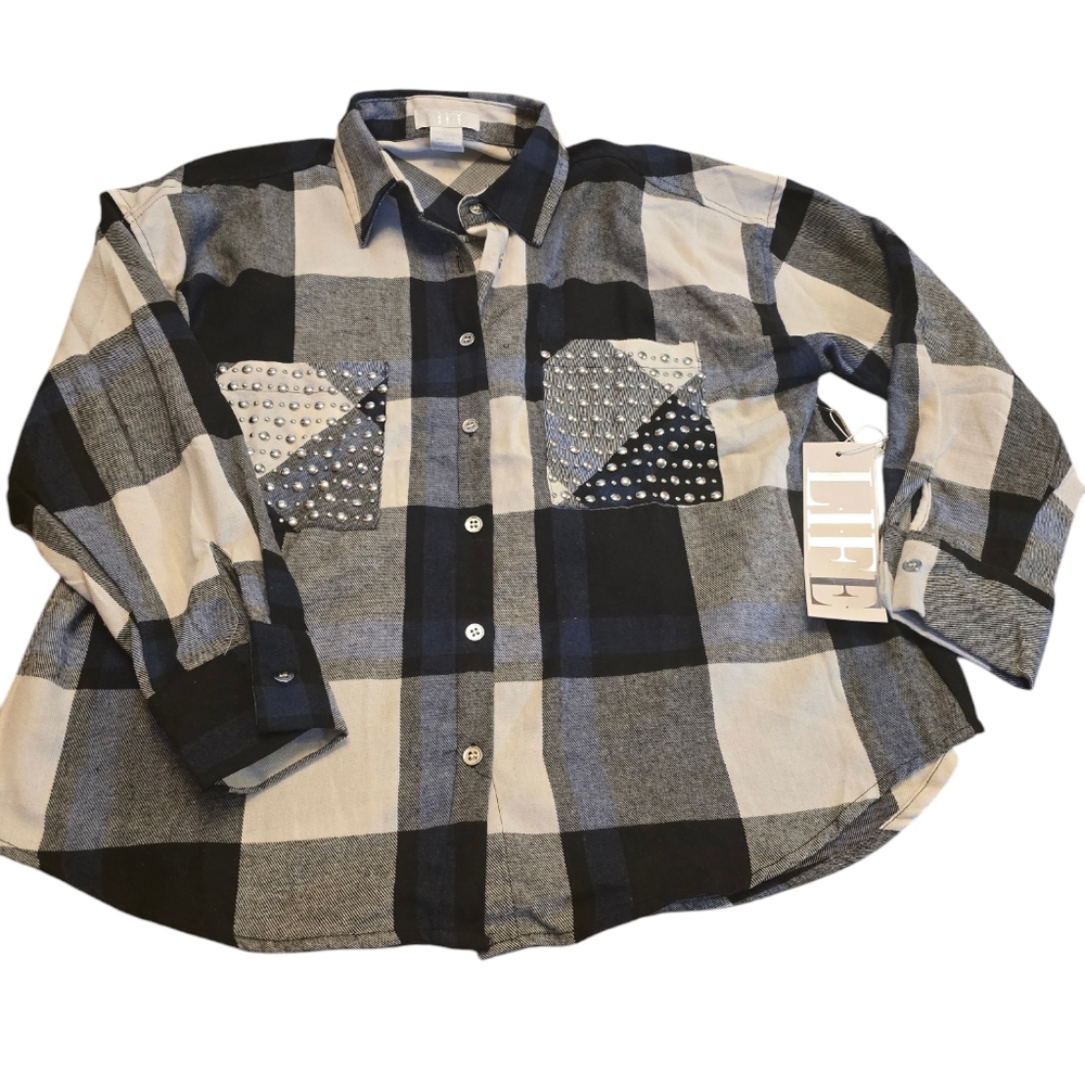 New L.i.f.e Love Is For Eternity Blue Plaid Shirt MEDIUM